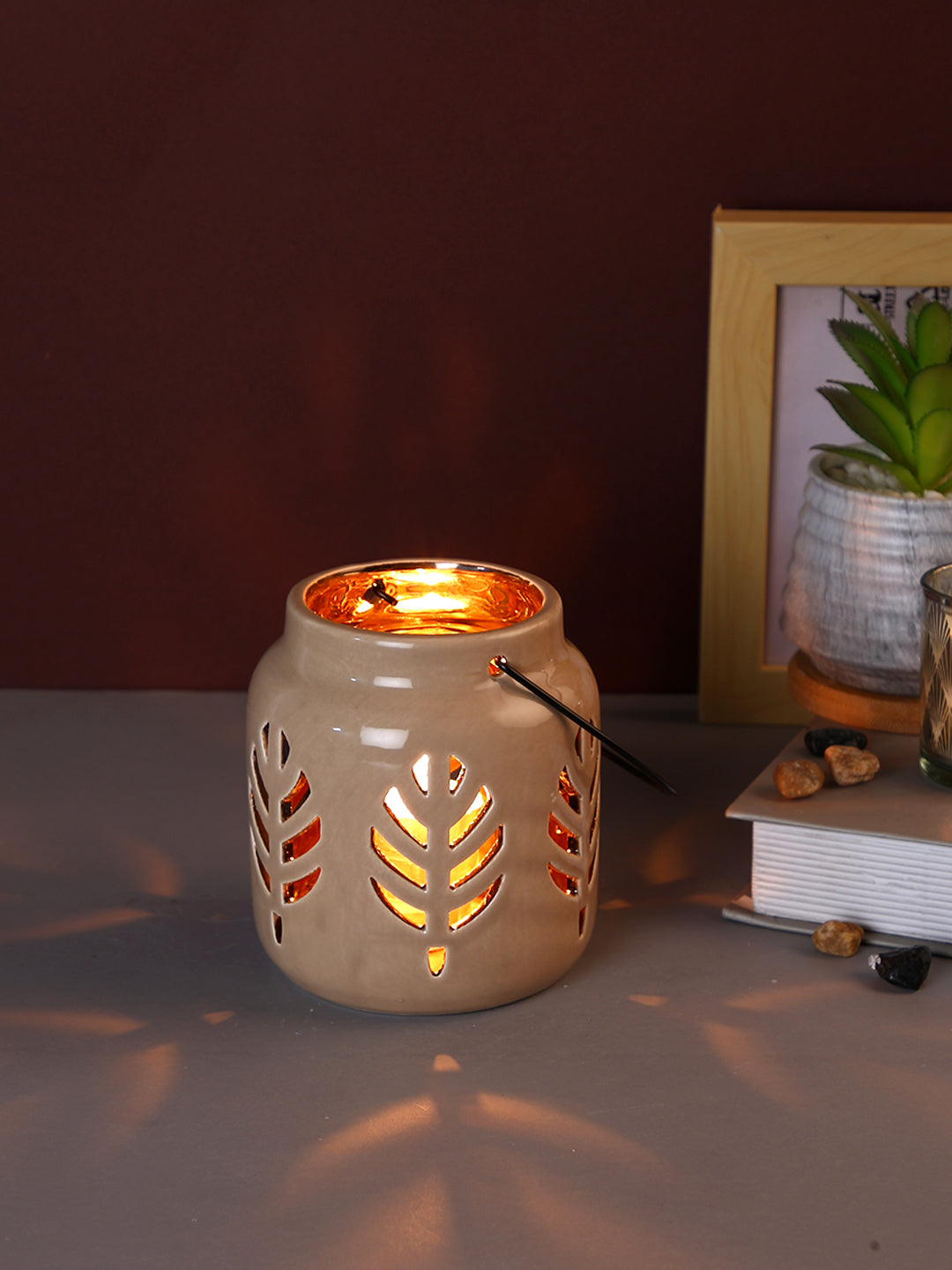 Beige Textured Ceramic Candle Holder