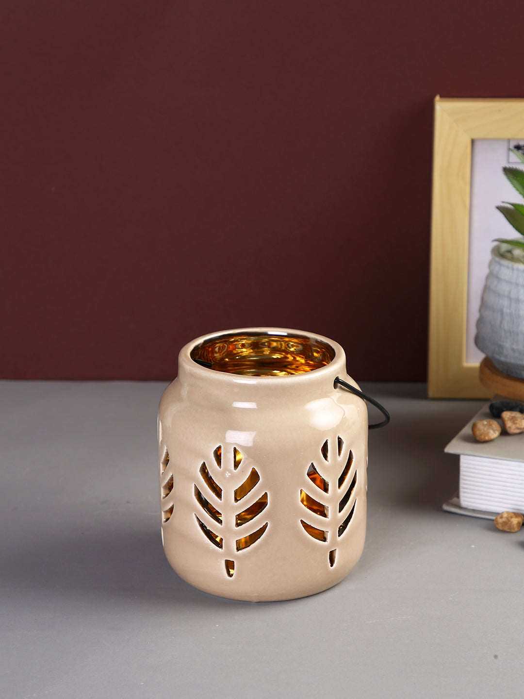 Beige Textured Ceramic Candle Holder