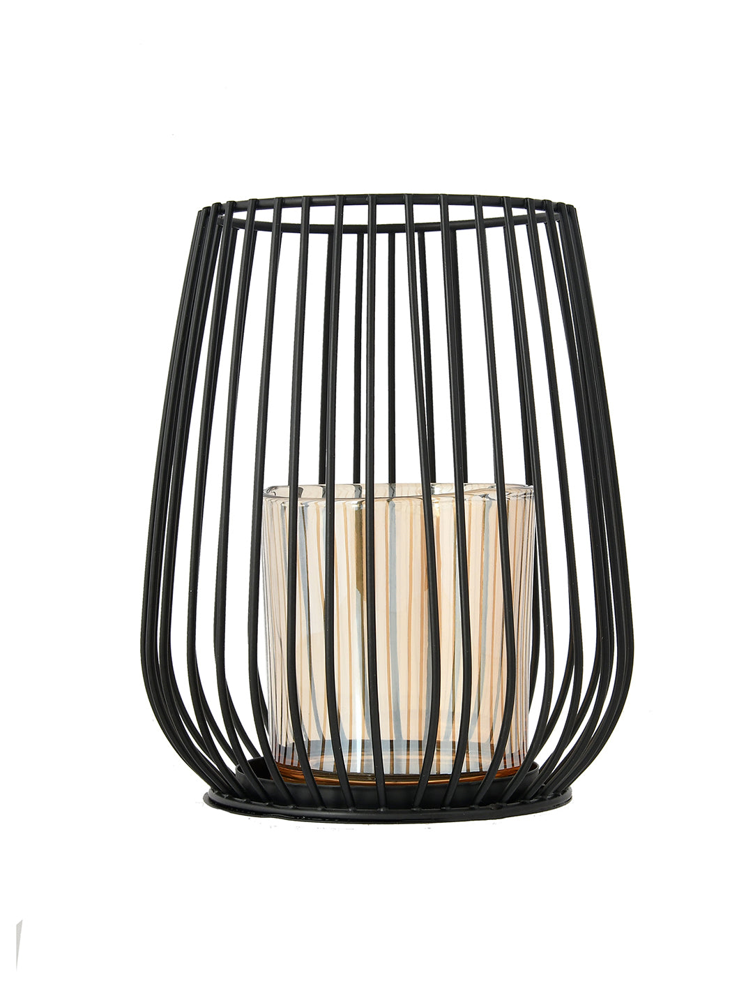 Black & Gold Toned Textured Metal Candle Holder With Glass