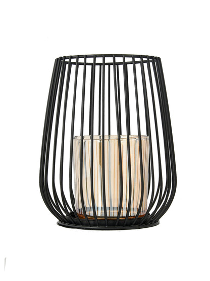 Black & Gold Toned Textured Metal Candle Holder With Glass