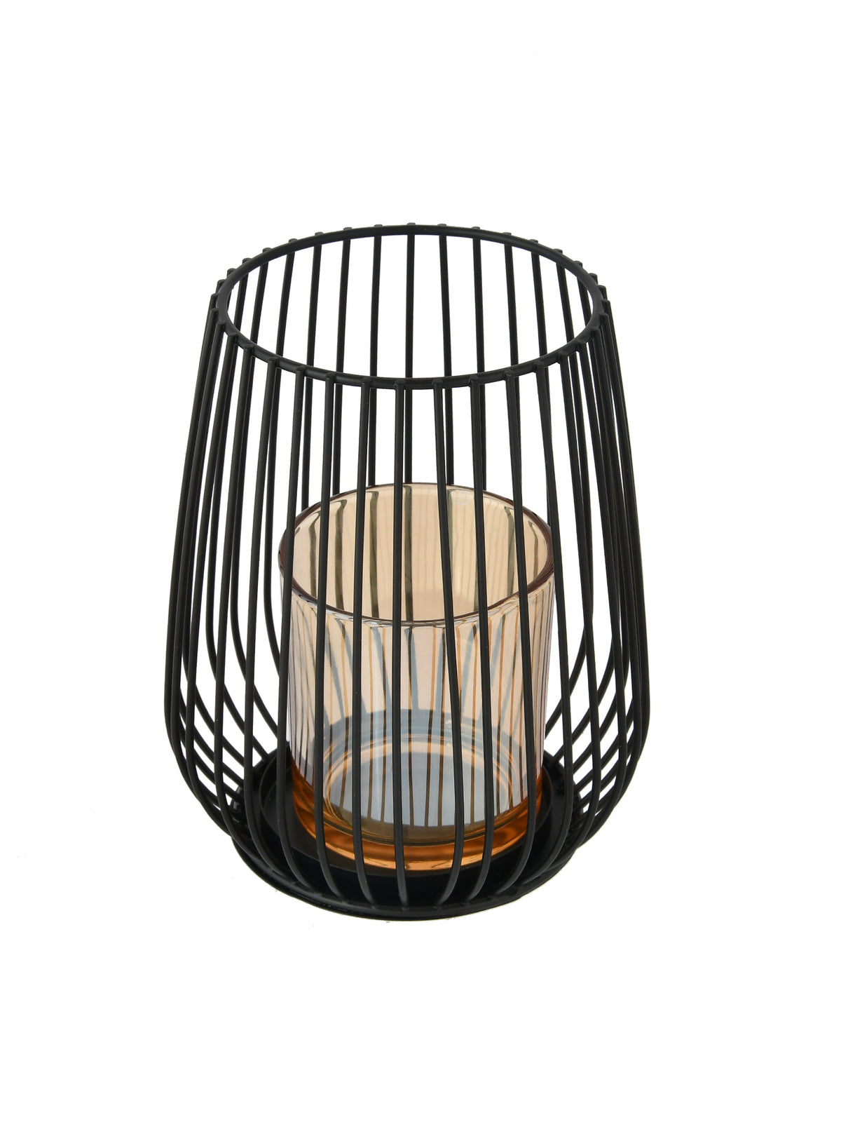 Black & Gold Toned Textured Metal Candle Holder With Glass