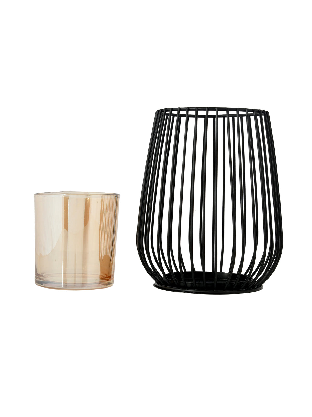 Black & Gold Toned Textured Metal Candle Holder With Glass