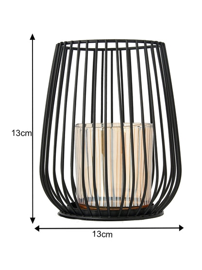 Black & Gold Toned Textured Metal Candle Holder With Glass