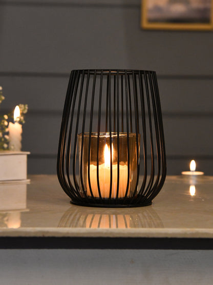 Black & Gold Toned Textured Metal Candle Holder With Glass