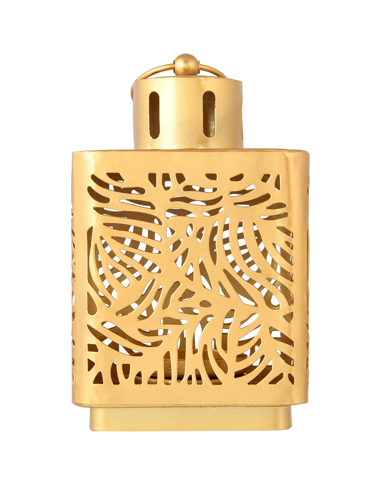 Gold Toned Leaf Lantern Textured Metal Candle Holder