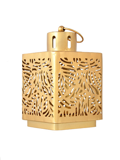 Gold Toned Leaf Lantern Textured Metal Candle Holder