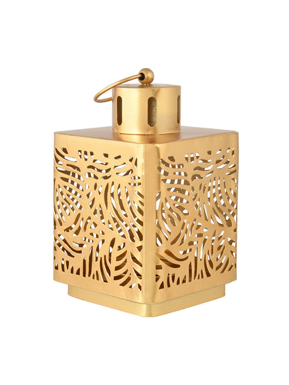 Gold Toned Leaf Lantern Textured Metal Candle Holder