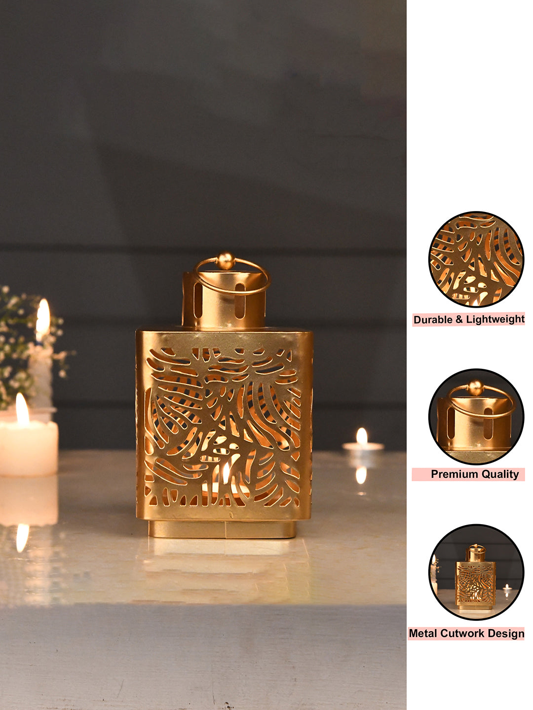 Gold Toned Leaf Lantern Textured Metal Candle Holder