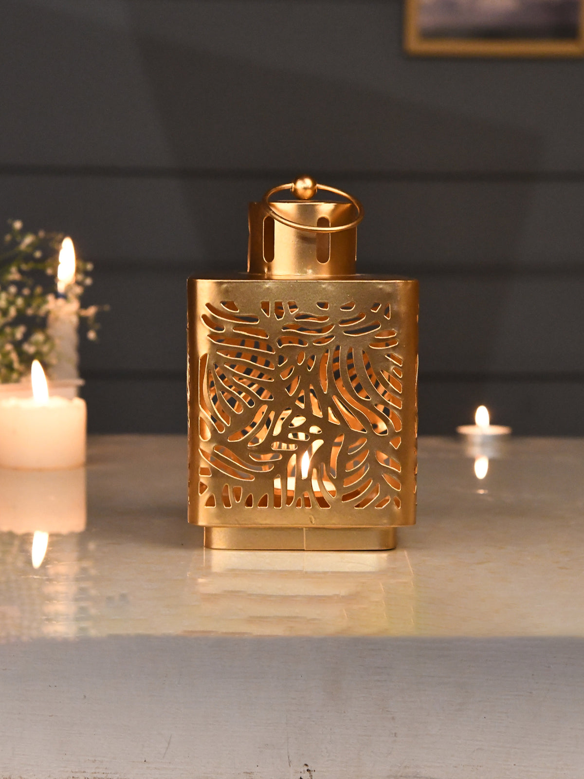 Gold Toned Leaf Lantern Textured Metal Candle Holder