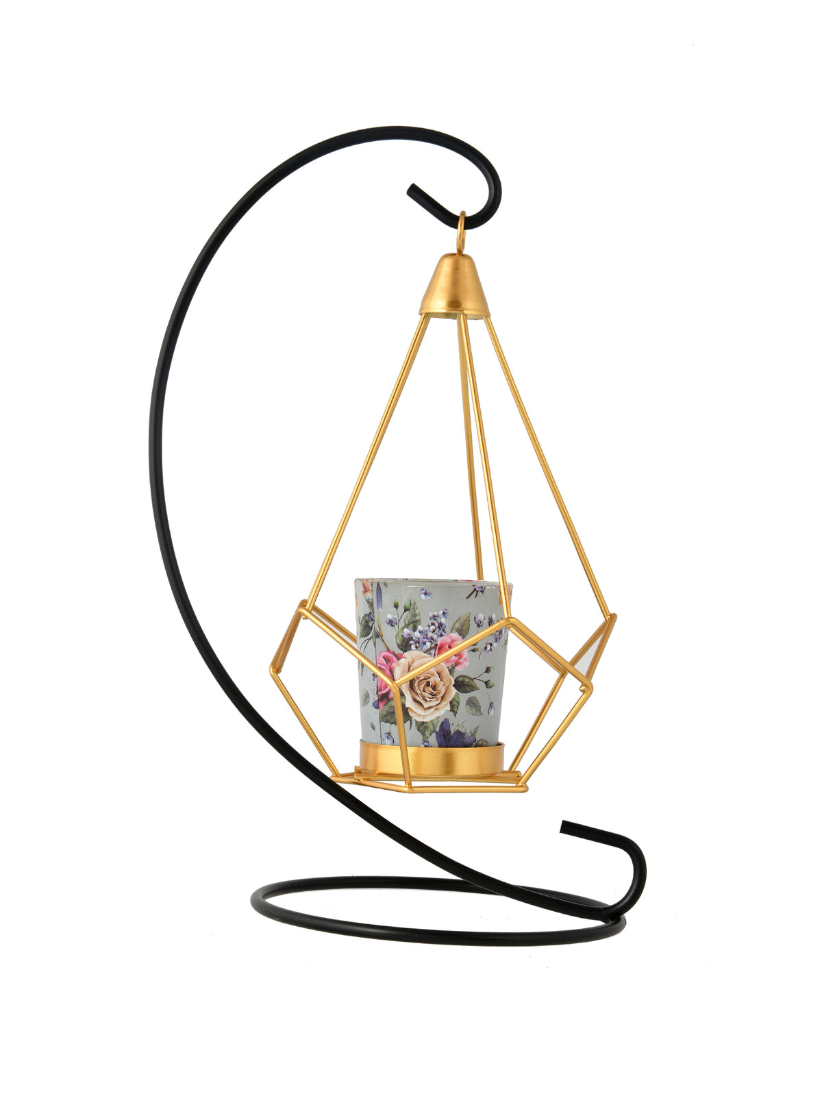 Black & Gold Toned Floral Printed Metal Glass Hanging Candle Holder