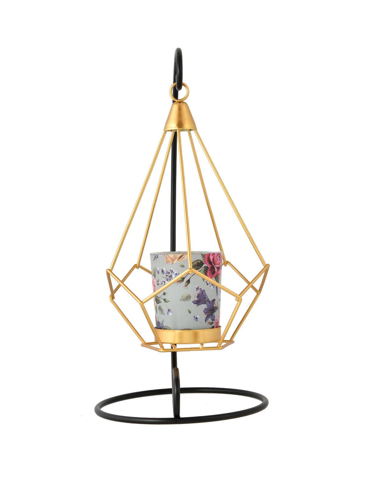 Black & Gold Toned Floral Printed Metal Glass Hanging Candle Holder