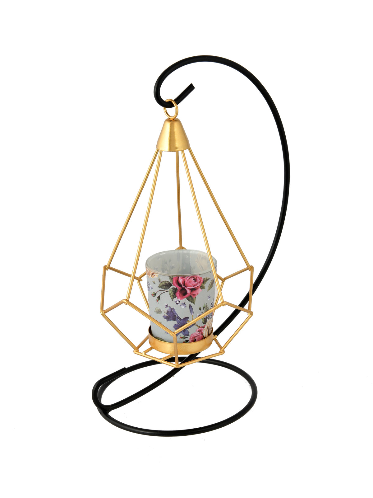 Black & Gold Toned Floral Printed Metal Glass Hanging Candle Holder