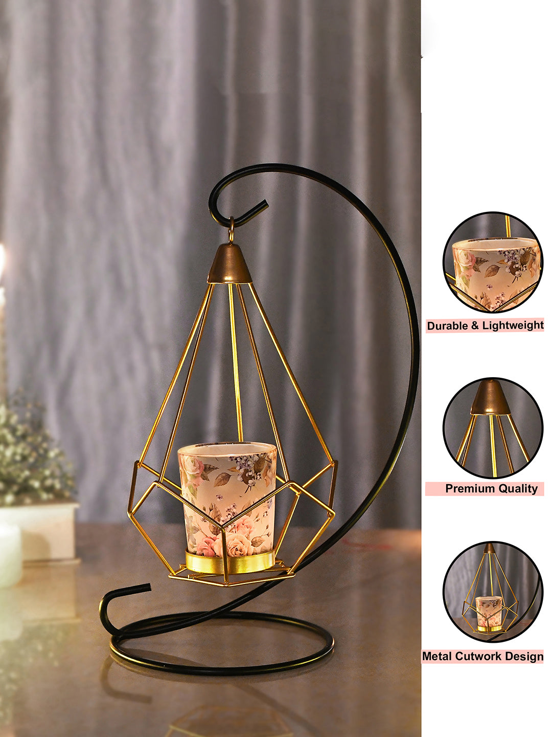 Black & Gold Toned Floral Printed Metal Glass Hanging Candle Holder