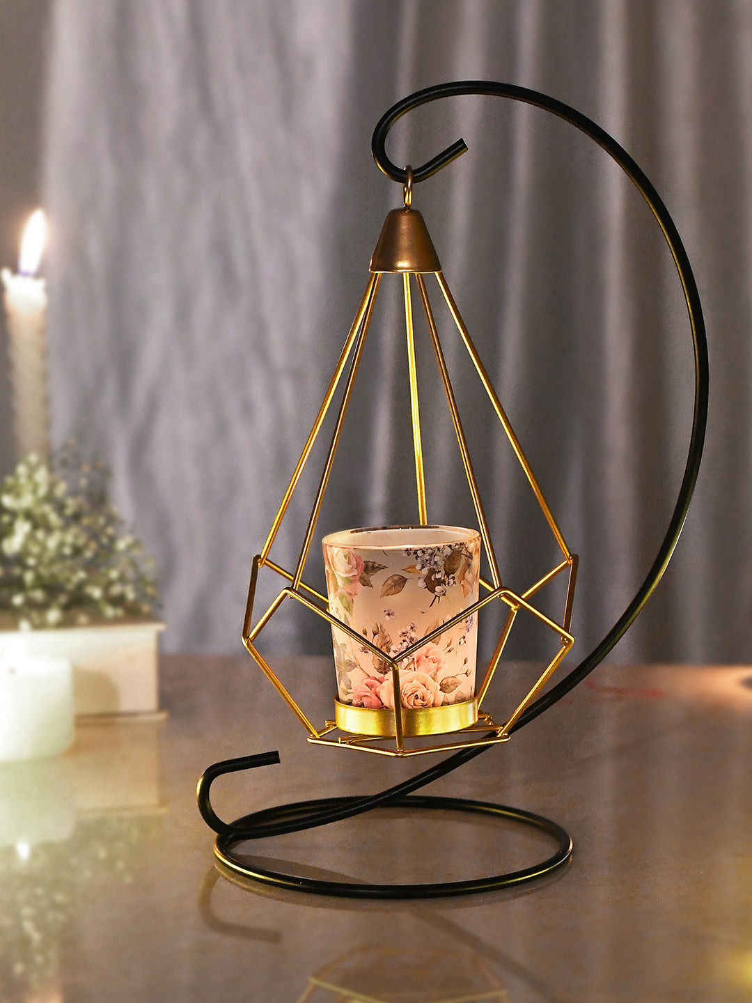 Black & Gold Toned Floral Printed Metal Glass Hanging Candle Holder