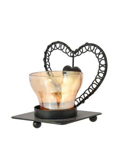 Black & Gold Toned Heart Textured Metal Glass Candle Holder