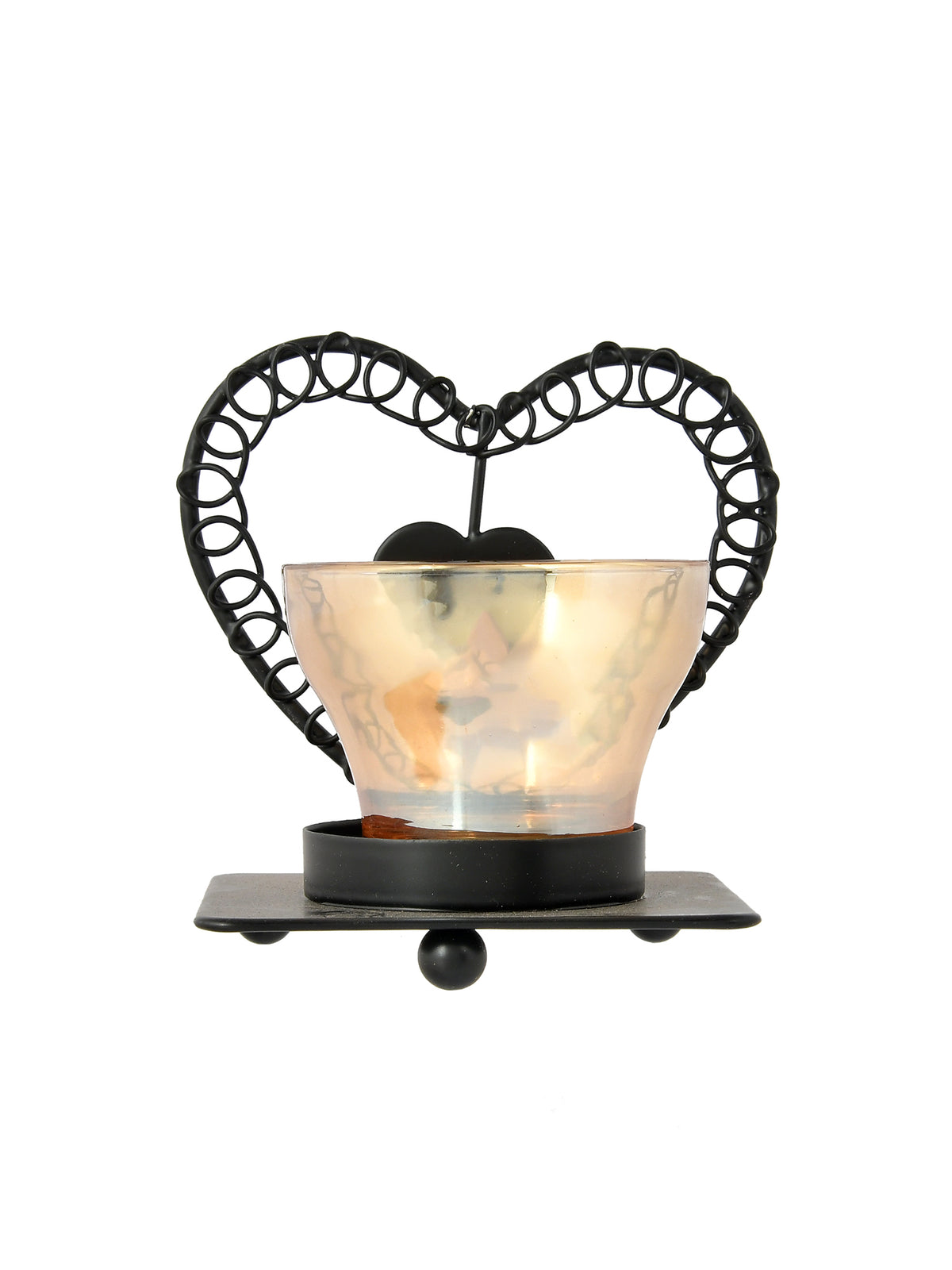 Black & Gold Toned Heart Textured Metal Glass Candle Holder
