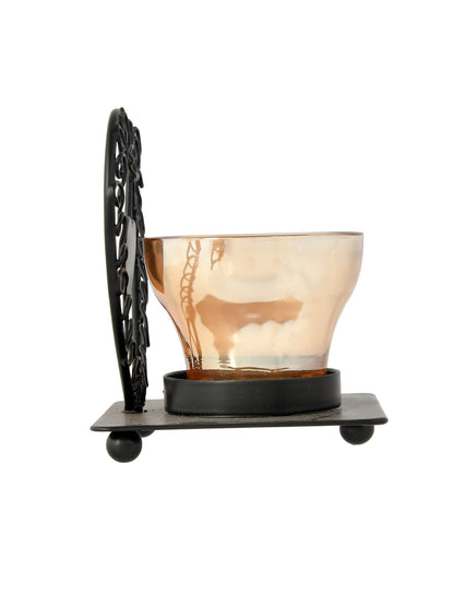Black & Gold Toned Heart Textured Metal Glass Candle Holder