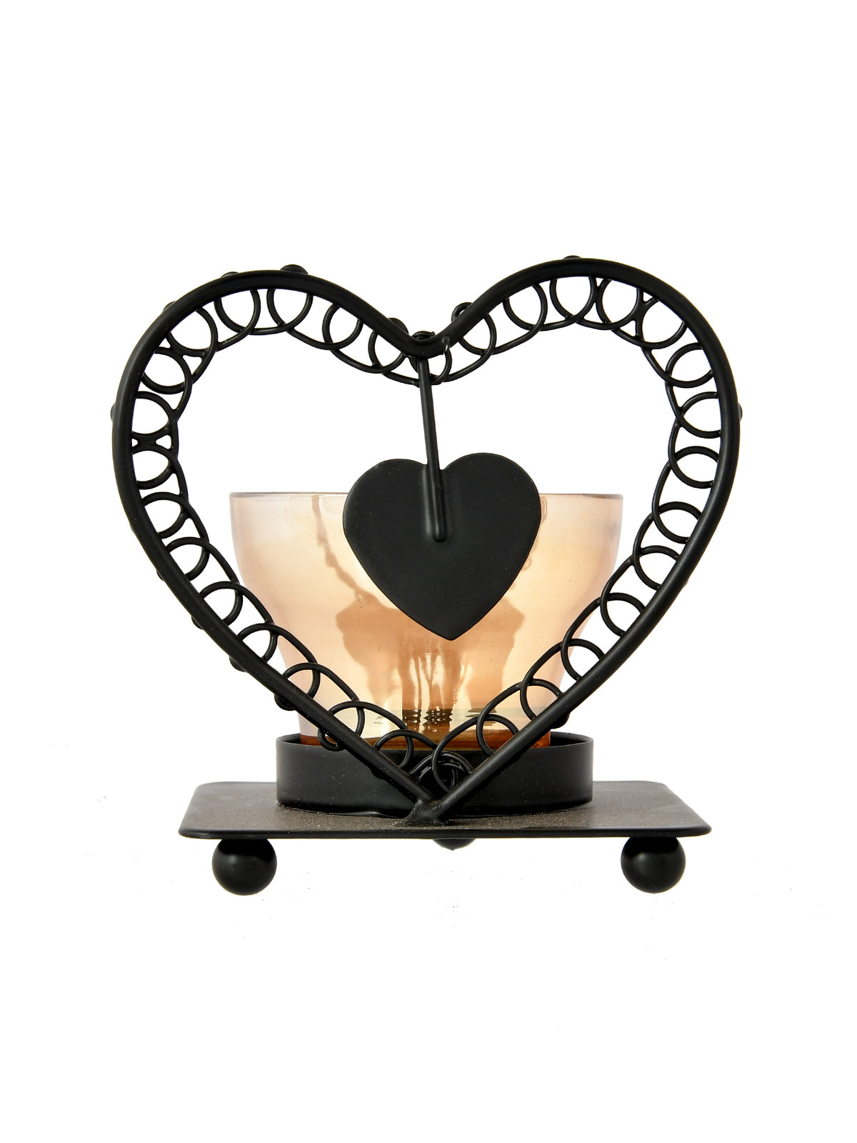 Black & Gold Toned Heart Textured Metal Glass Candle Holder