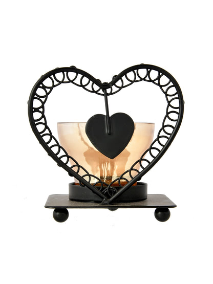 Black & Gold Toned Heart Textured Metal Glass Candle Holder