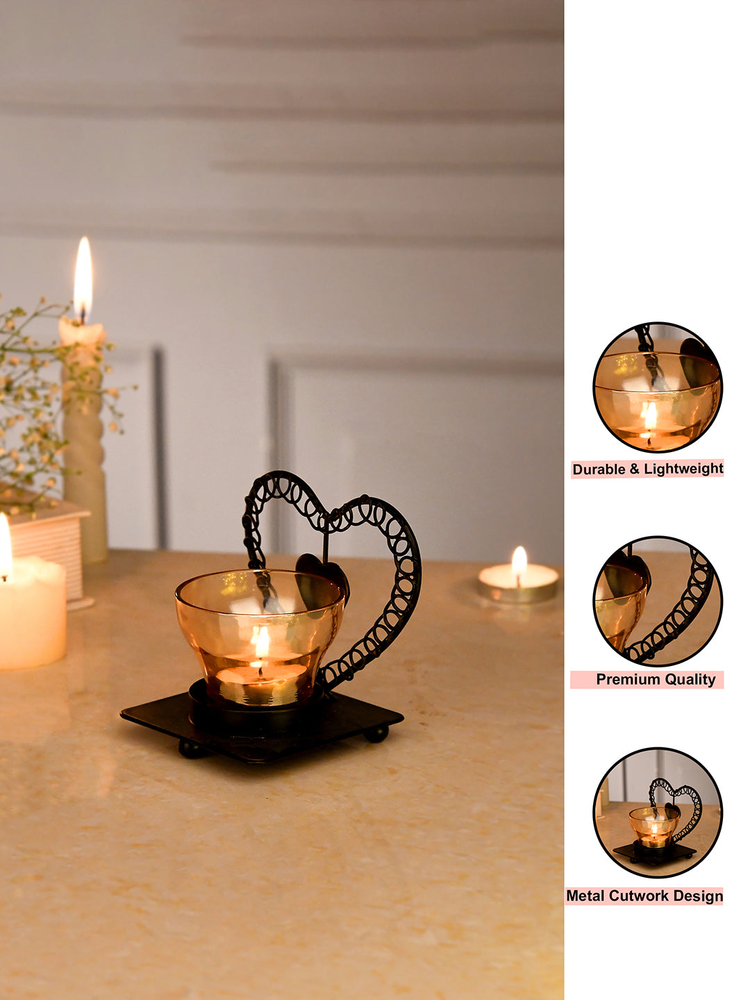 Black & Gold Toned Heart Textured Metal Glass Candle Holder