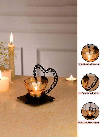 Black & Gold Toned Heart Textured Metal Glass Candle Holder