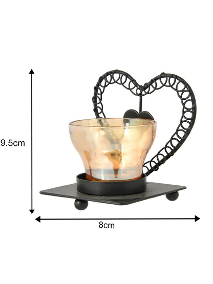 Black & Gold Toned Heart Textured Metal Glass Candle Holder