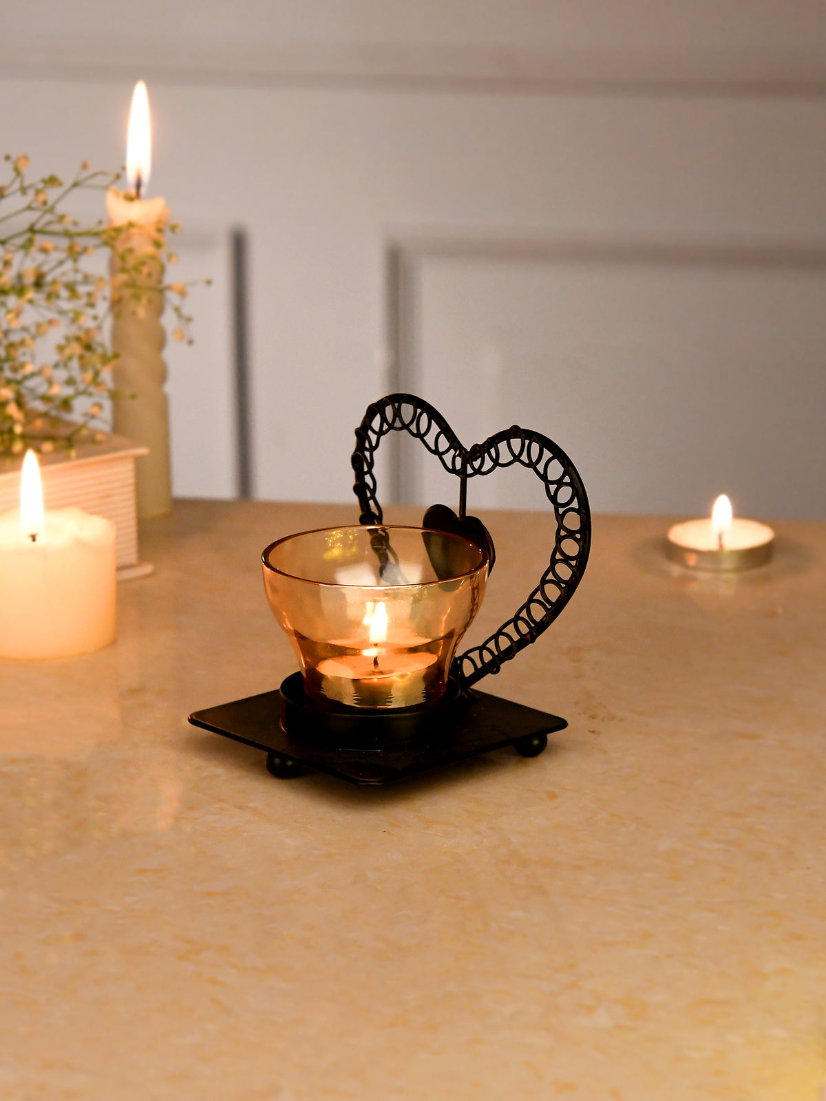 Black & Gold Toned Heart Textured Metal Glass Candle Holder