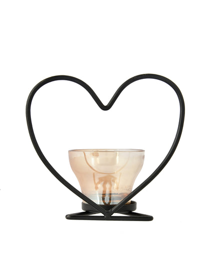 Black & Transparent Heart Textured Metal Glass Candle Holder