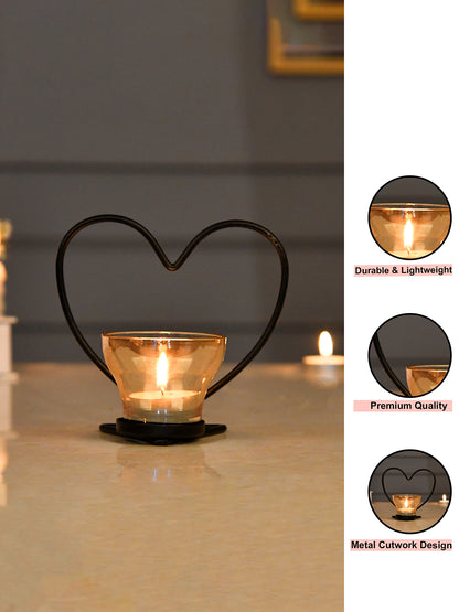 Black & Transparent Heart Textured Metal Glass Candle Holder