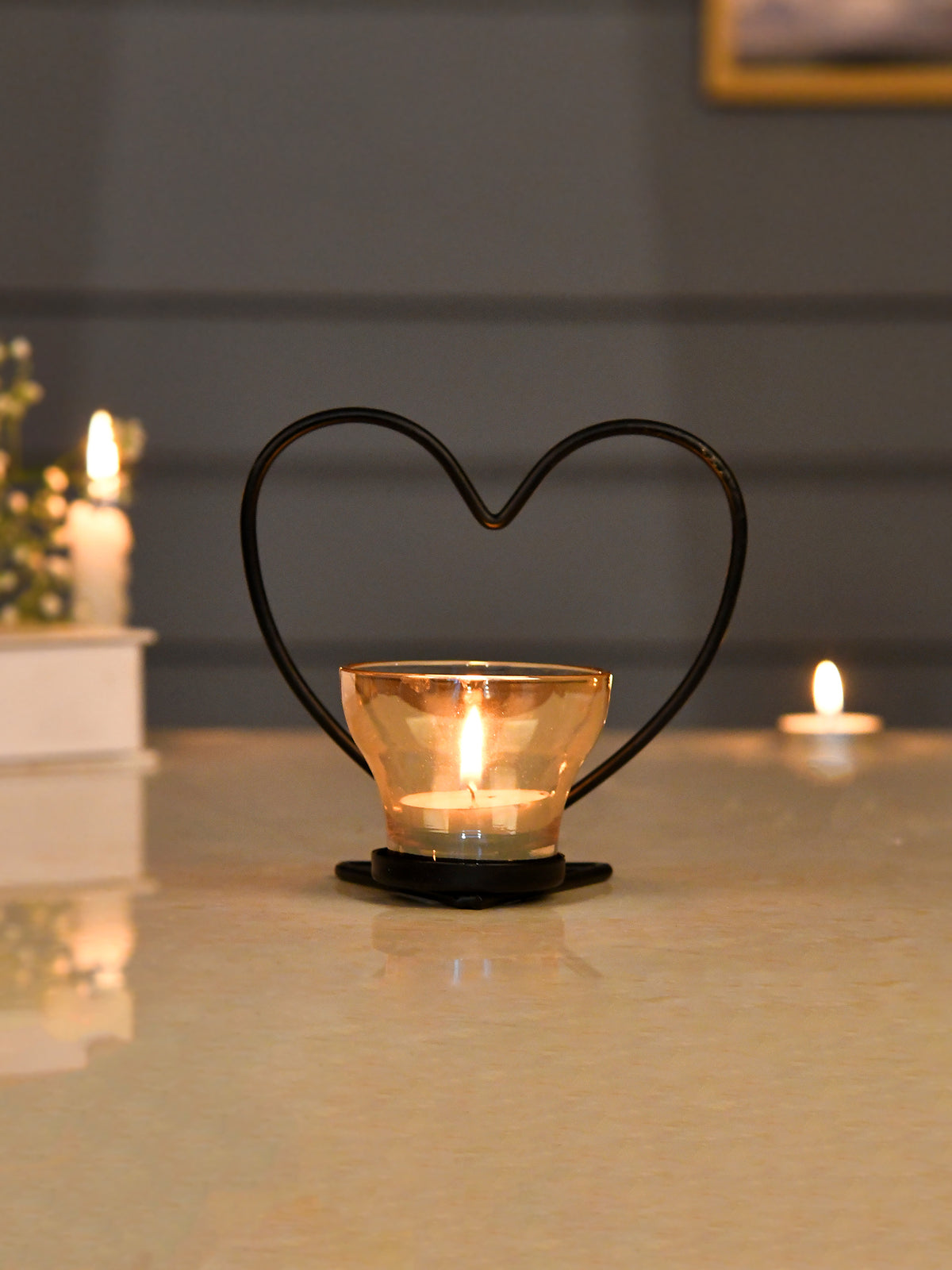 Black & Transparent Heart Textured Metal Glass Candle Holder