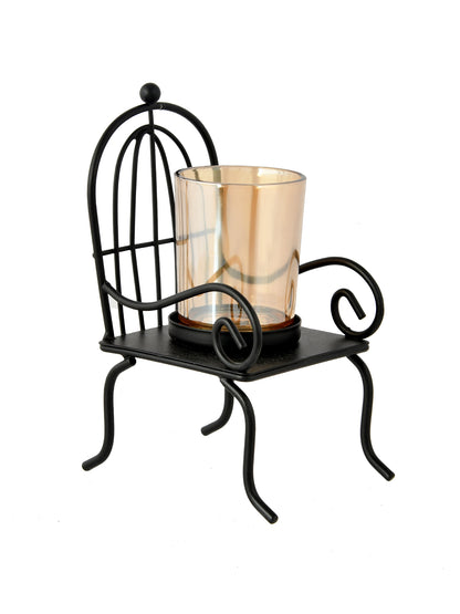 Black & Gold Toned Chair Textured Metal Candle Holder With Glass