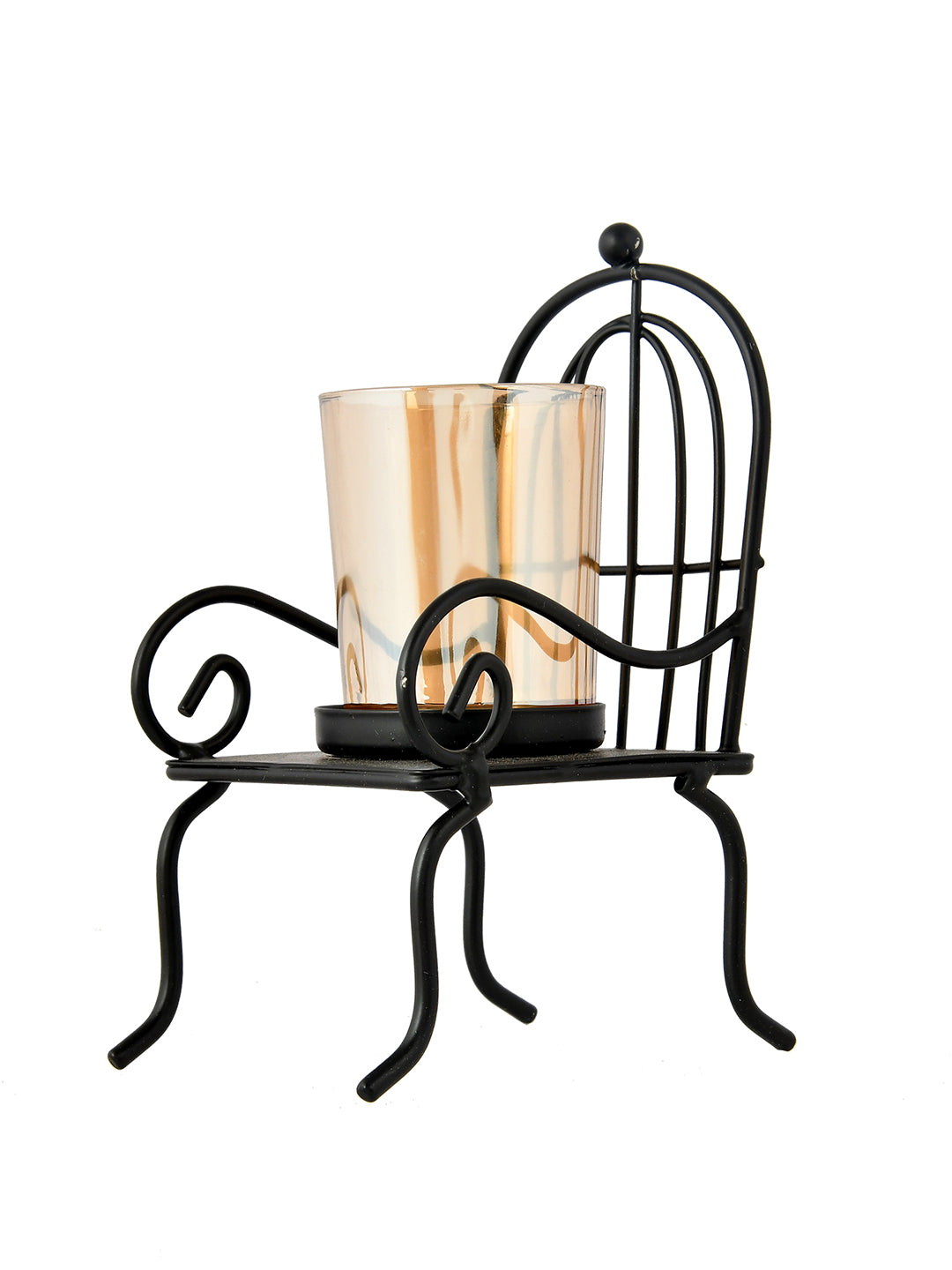 Black & Gold Toned Chair Textured Metal Candle Holder With Glass