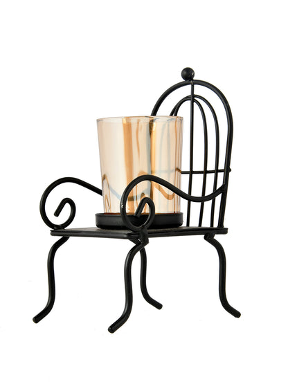 Black & Gold Toned Chair Textured Metal Candle Holder With Glass