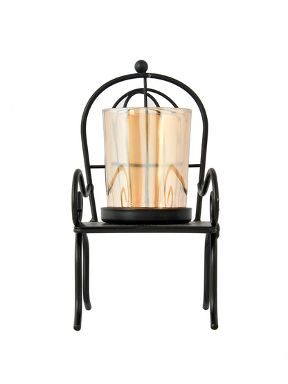 Black & Gold Toned Chair Textured Metal Candle Holder With Glass