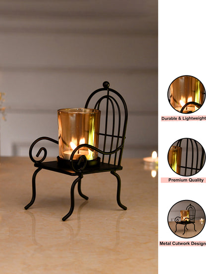 Black & Gold Toned Chair Textured Metal Candle Holder With Glass