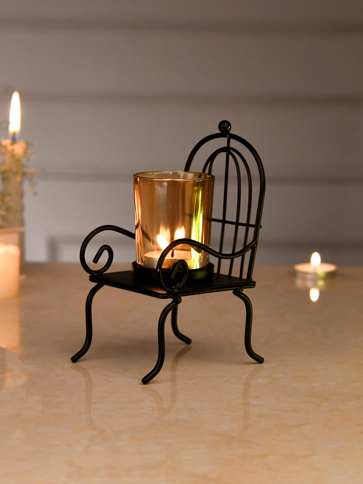 Black & Gold Toned Chair Textured Metal Candle Holder With Glass