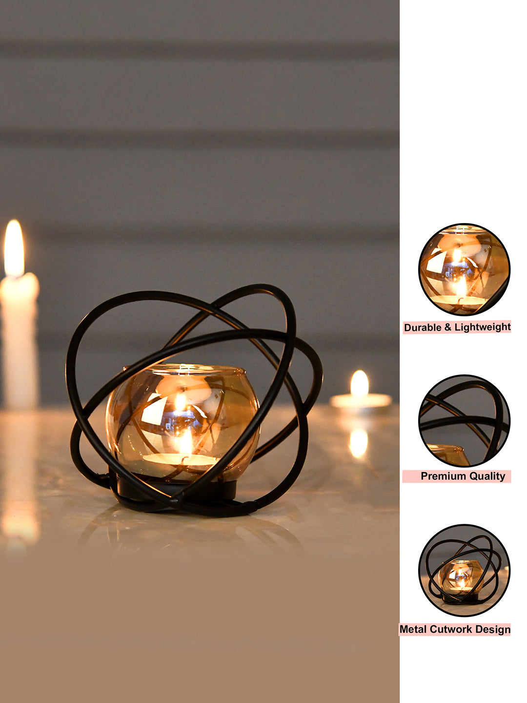 Black & Brown Orbital Textured Metal Glass Candle Holder