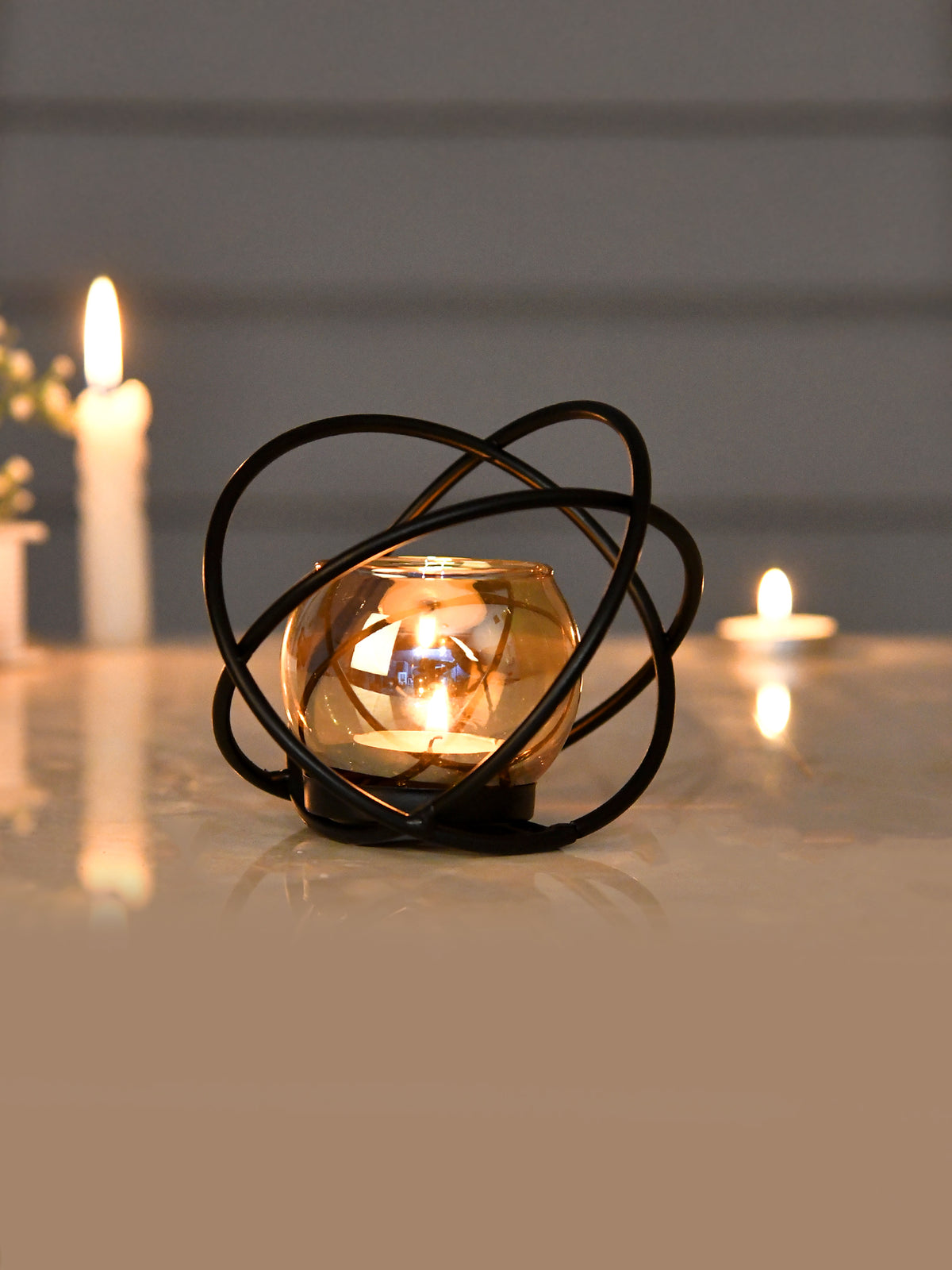 Black & Brown Orbital Textured Metal Glass Candle Holder