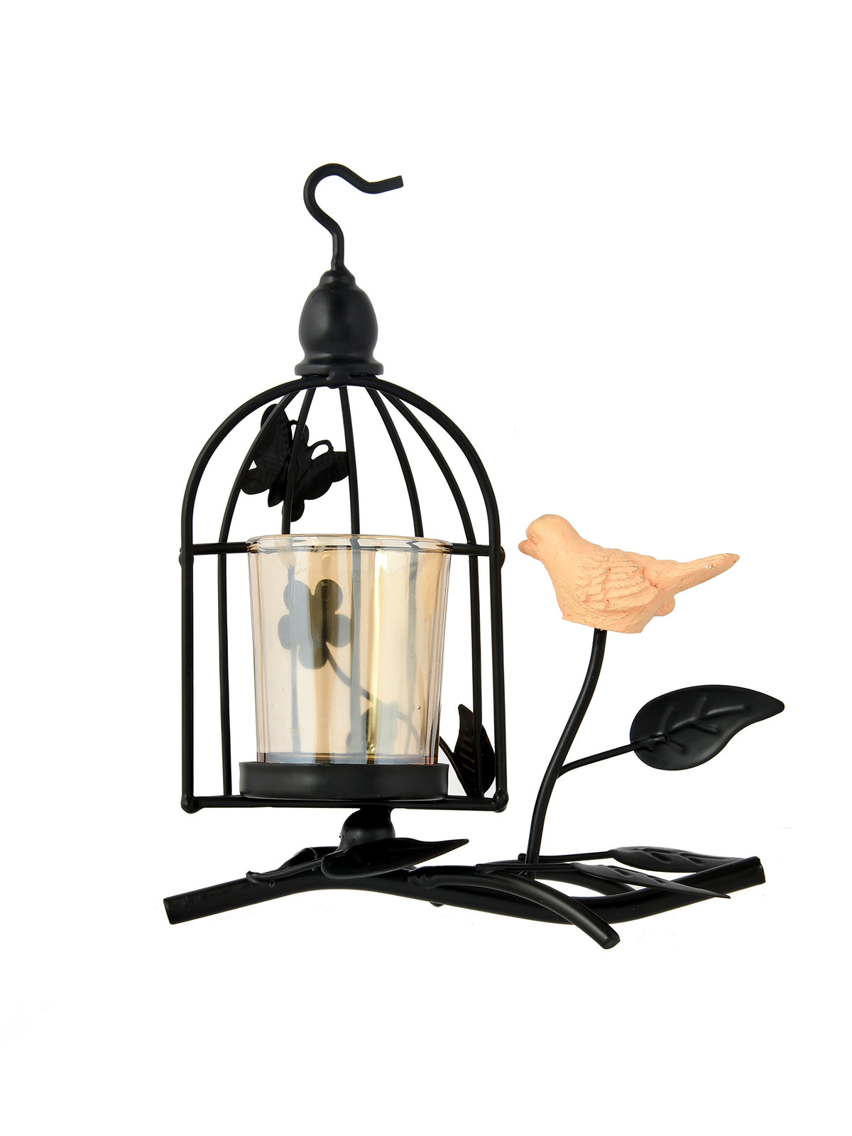 Black & Transparent Bird Net Textured Metal Glass Candle Holder with Bird Accent