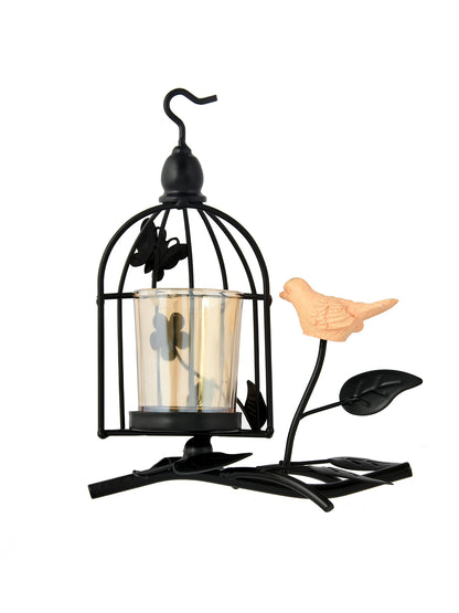 Black & Transparent Bird Net Textured Metal Glass Candle Holder with Bird Accent
