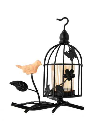 Black & Transparent Bird Net Textured Metal Glass Candle Holder with Bird Accent