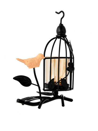 Black & Transparent Bird Net Textured Metal Glass Candle Holder with Bird Accent