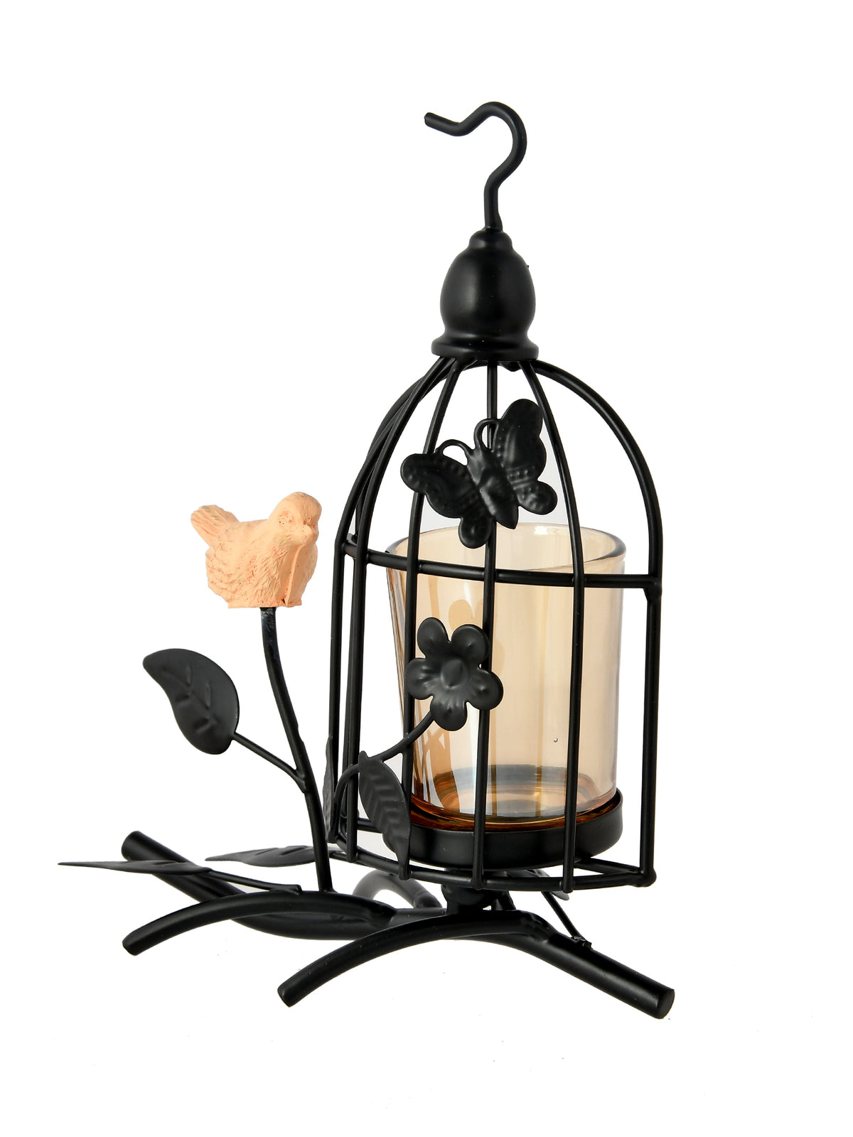 Black & Transparent Bird Net Textured Metal Glass Candle Holder with Bird Accent