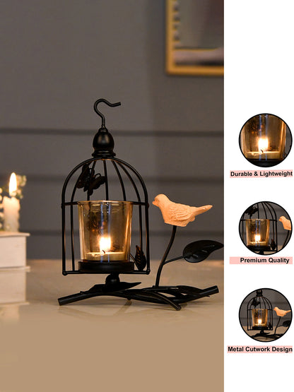 Black & Transparent Bird Net Textured Metal Glass Candle Holder with Bird Accent