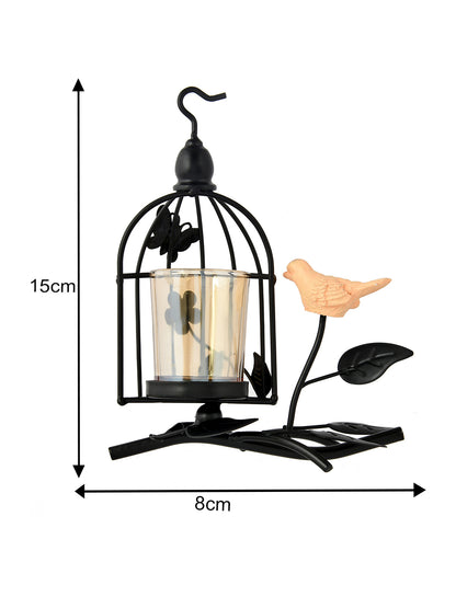 Black & Transparent Bird Net Textured Metal Glass Candle Holder with Bird Accent