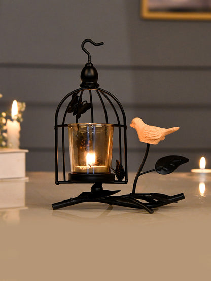 Black & Transparent Bird Net Textured Metal Glass Candle Holder with Bird Accent