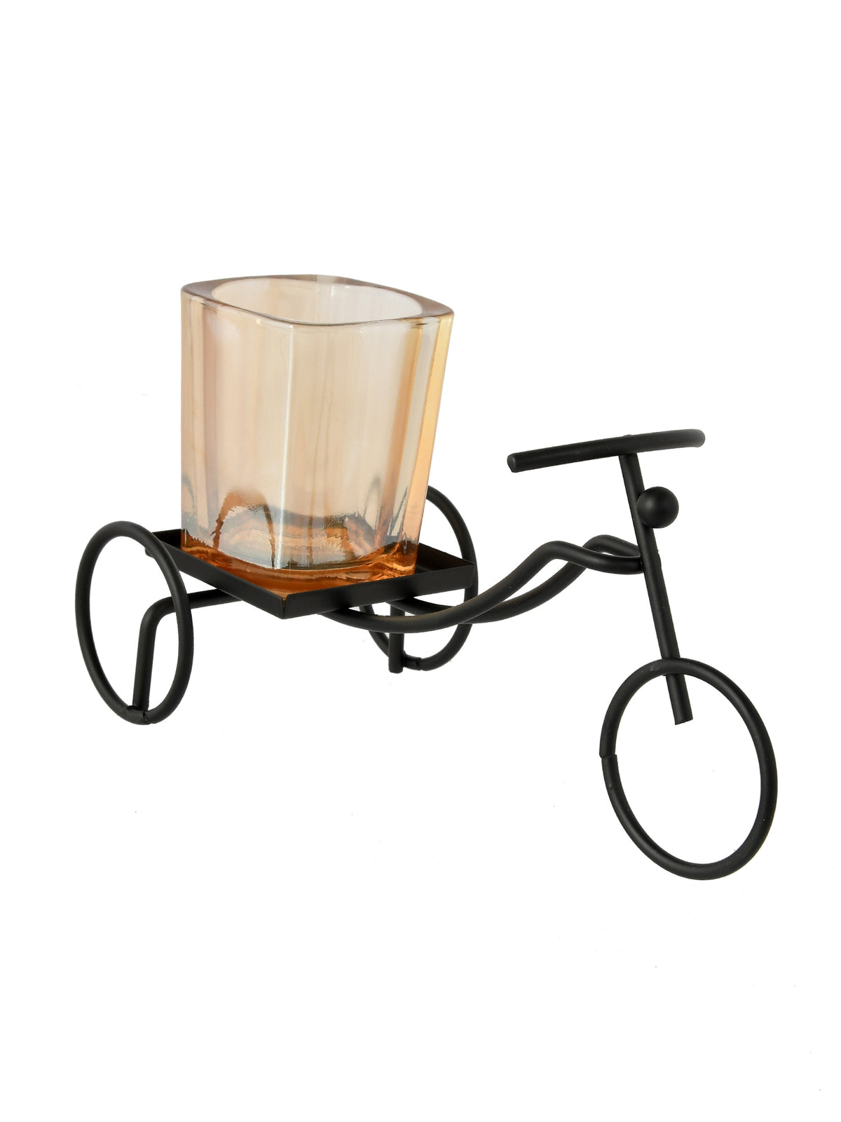 Black & Gold Toned Cycle Textured Metal Candle Holder With Glass