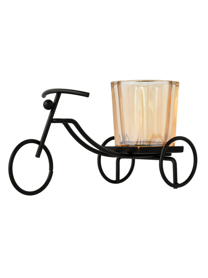 Black & Gold Toned Cycle Textured Metal Candle Holder With Glass