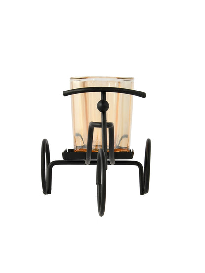 Black & Gold Toned Cycle Textured Metal Candle Holder With Glass
