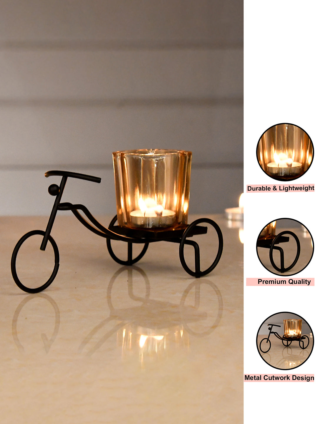 Black & Gold Toned Cycle Textured Metal Candle Holder With Glass